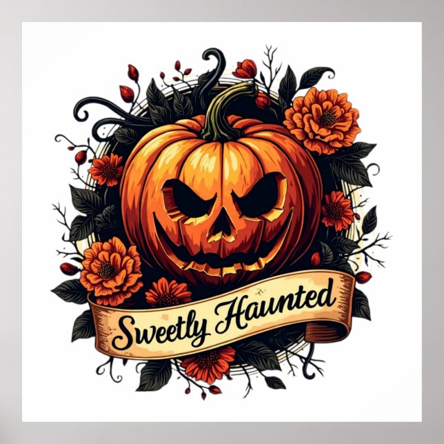 Poster Pumpkin Vintage Doce-Assombrado | Floral Halloween (Frente)