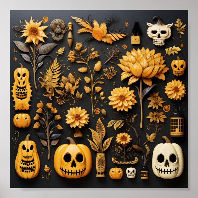 Poster Pumpkins E Flores Sem Costura Do Halloween (Frente)