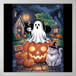 Poster Pumpkins For  Sale & Caffeine Ghost With Cat 