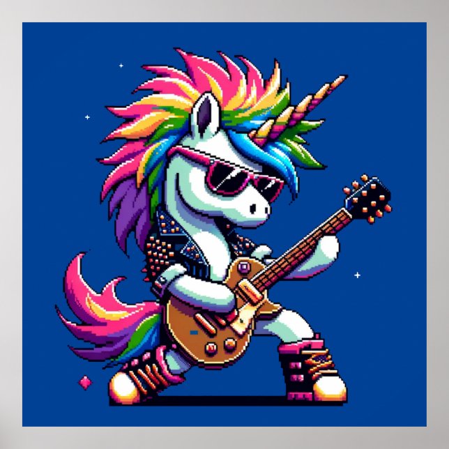 Poster Punk Rock Unicorn Colorful Pixel Art Guitar Design (Frente)