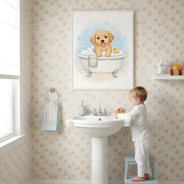 Poster Puppy Bath Time Fun Kids Bathroom Wall Art (Criador carregado)
