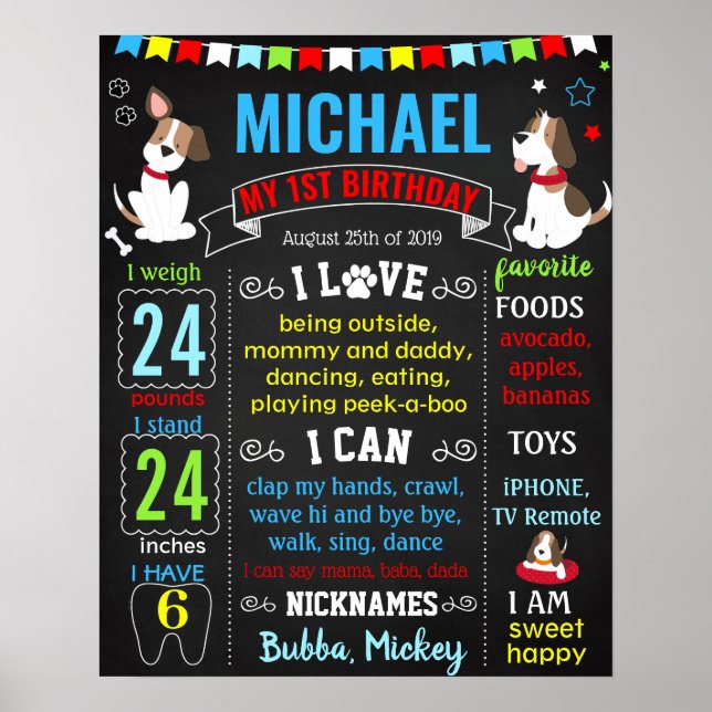 Poster Puppy Dog Pet First Birday Chalkboard (Frente)