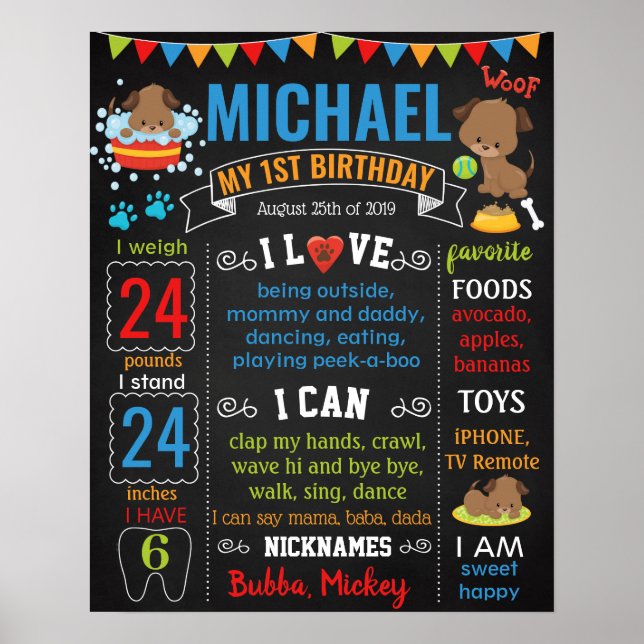 Poster Puppy dog pet First Birday Chalkboard (Frente)