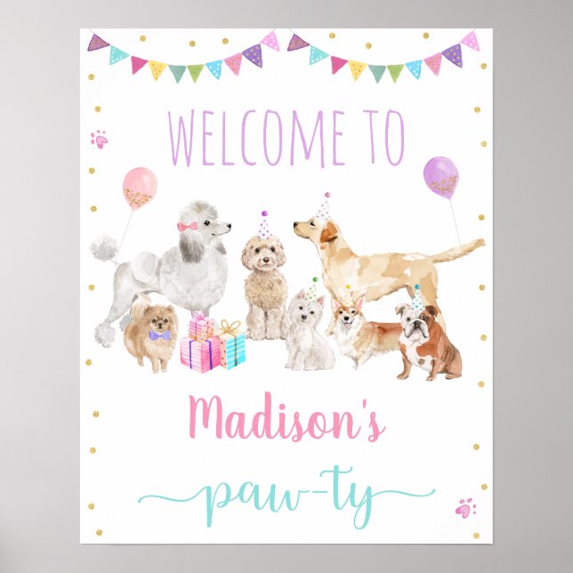 Poster Puppy Dog Pink Girl Paw-ty Birday Bem-vindo (Frente)
