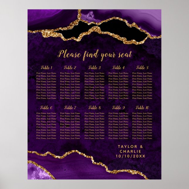 Poster Purple and Gold Agate Wedding Seating Chart (Frente)