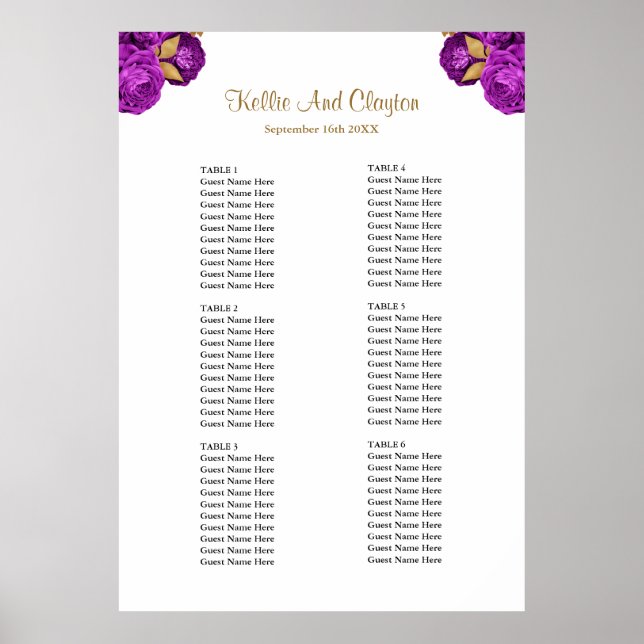 Poster Purple And Gold Floral Wedding Seating Chart (Frente)