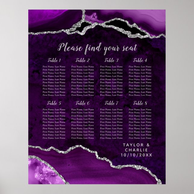 Poster Purple and Silver Agate Wedding Seating Chart (Frente)