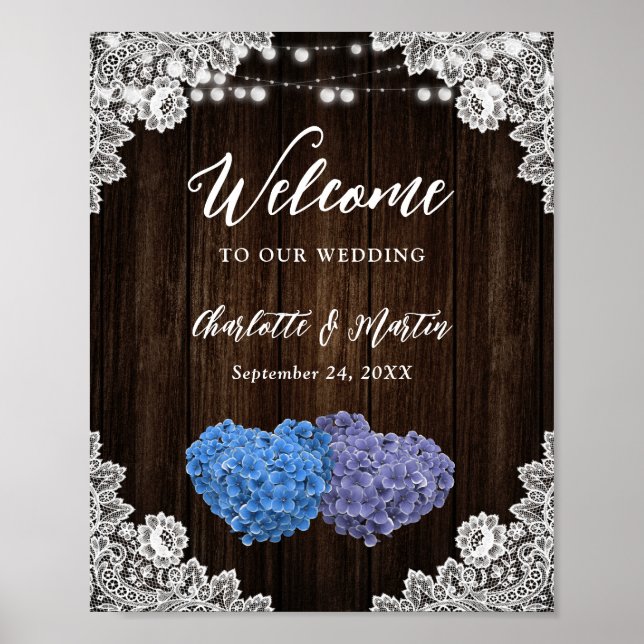 Poster Purple Blue Floral Lace Wedding Reception Sign (Frente)