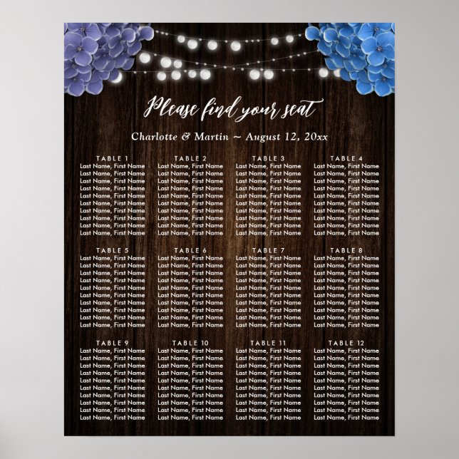 Poster Purple Blue Floral Wedding Seating Chart 12 (Frente)