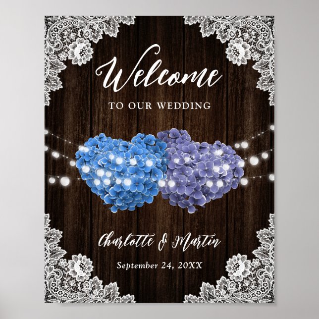 Poster Purple Blue Rustic Wood Lace Wedding Welcome Sign (Frente)