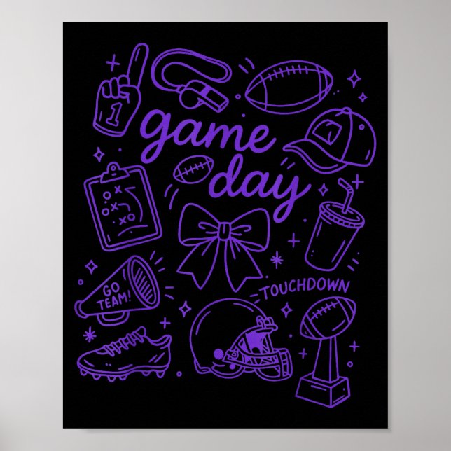 Poster Purple Coquette Bow Cheer Game Day Doodle Touchdow (Frente)