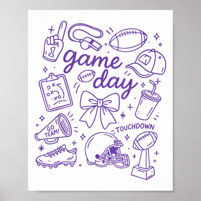 Poster Purple Coquette Bow Cheer Game Day Doodle Touchdow (Frente)