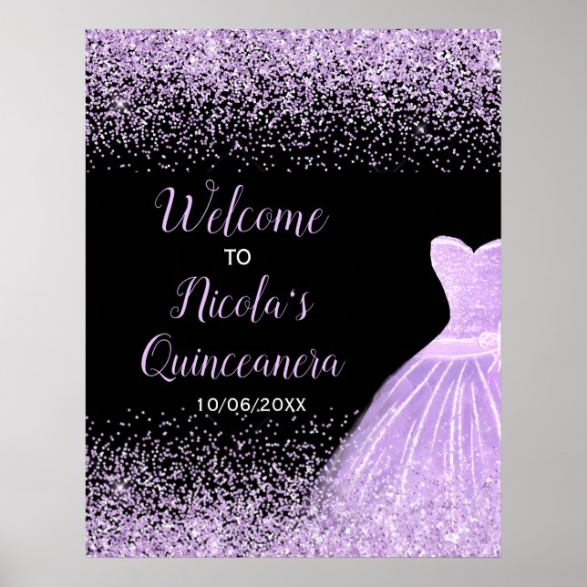 Poster Purple Dress Faux Glitter Quinceanera Welcome (Frente)