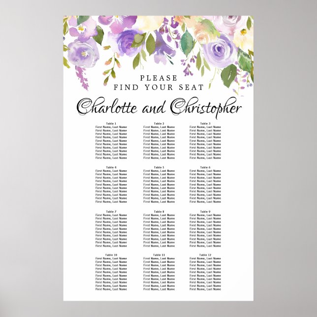 Poster Purple Floral 12-Table Wedding Seating Chart (Frente)