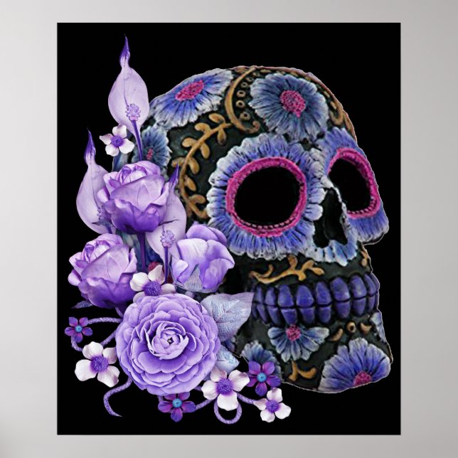 Poster Purple Floral Black Sugar Skull Dia Dos Mortos (Frente)