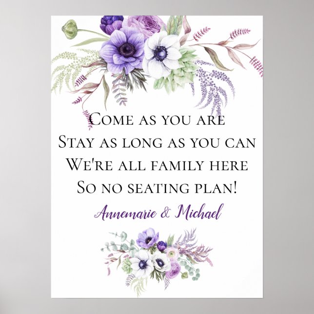 Poster Purple Floral No Seating Plan Wedding Sign (Frente)