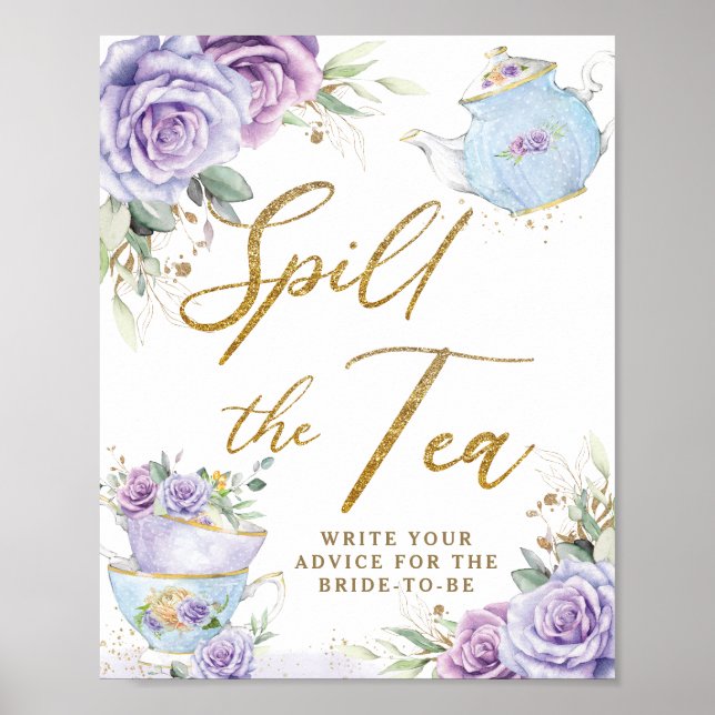 Poster Purple Floral Party Bridal Shower Spill The Tea (Frente)