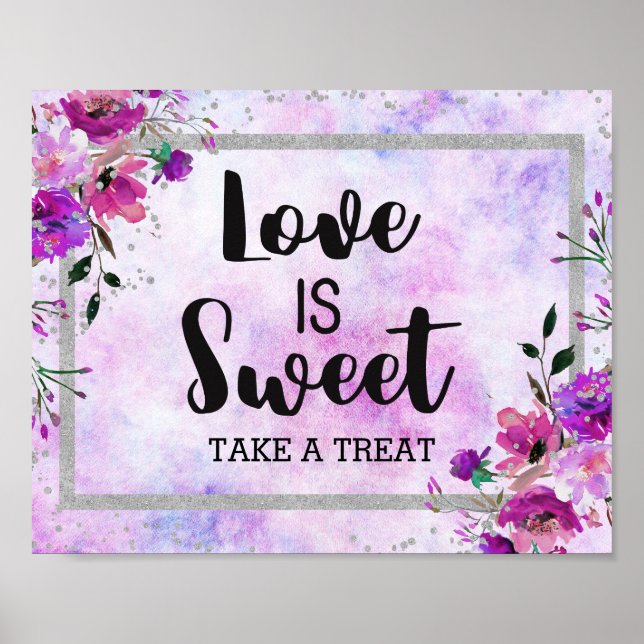 Pôster Purple Floral & Silver Confetti Love é Sweet (Frente)