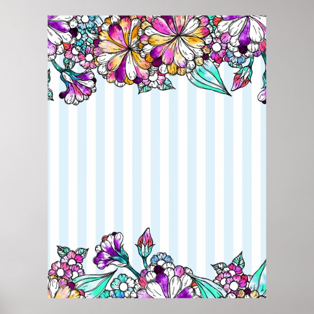 Poster Purple flowers and light blue stripes (Frente)