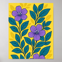 Poster Purple Flowers & Teal Leaves on Yellow Background
