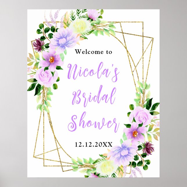 Poster Purple Flowers with Foliage Bridal Shower Welcome (Frente)