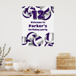 Poster purple gray volleyballs birthday party welcome