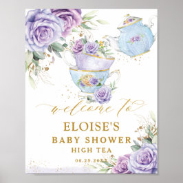 Poster Purple Lilac Floral Tea Party Baby Shower Welcome