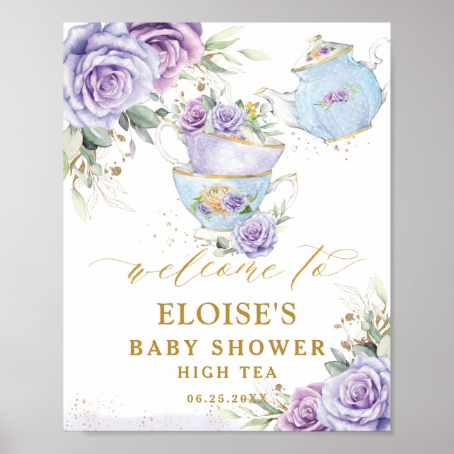 Poster Purple Lilac Floral Tea Party Baby Shower Welcome (Frente)