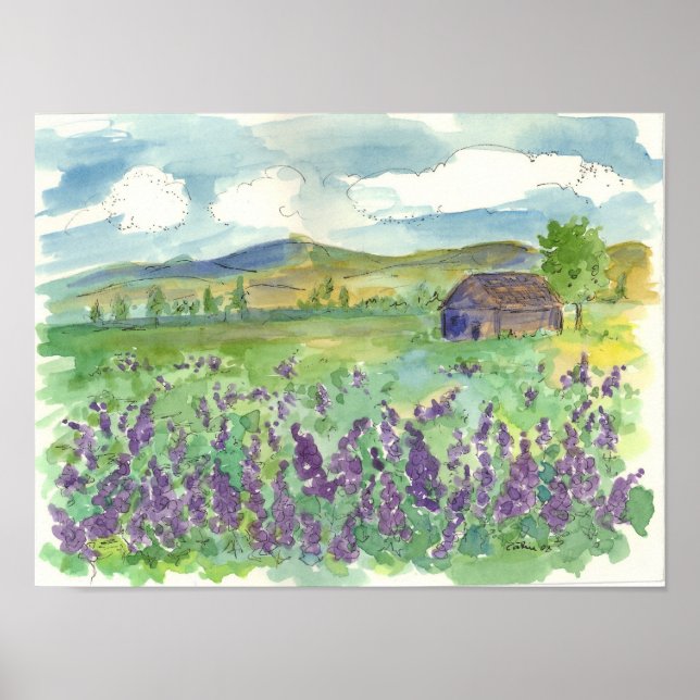 Poster Purple Lupine Field of Flowers Watercolor Meadow (Frente)