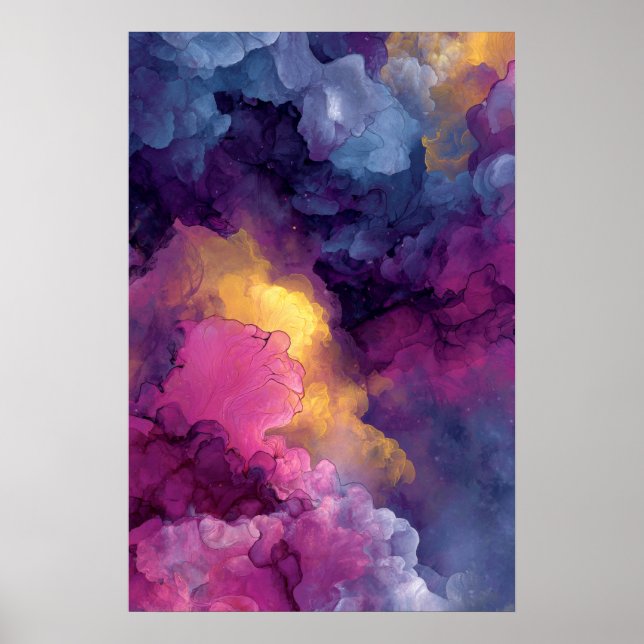 Poster Purple Magenta Gold Alcohol Ink Nebula Flow (Frente)