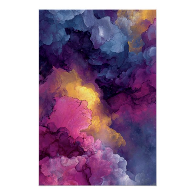 Pôster Purple Magenta Gold Alcohol Ink Nebula Flow (Frente)