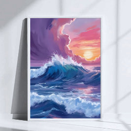 Poster Purple Ocean Waves Sunset Watercolor Painting