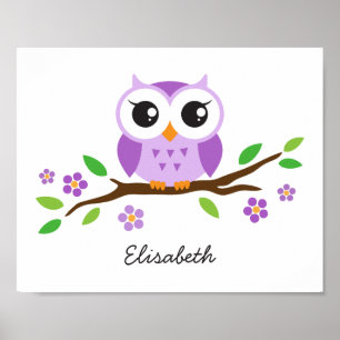 Poster Purple owl personalized nursery wall art for girls