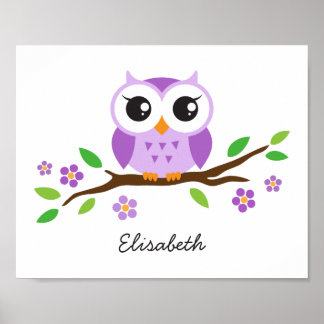 Poster Purple owl personalized nursery wall art for girls