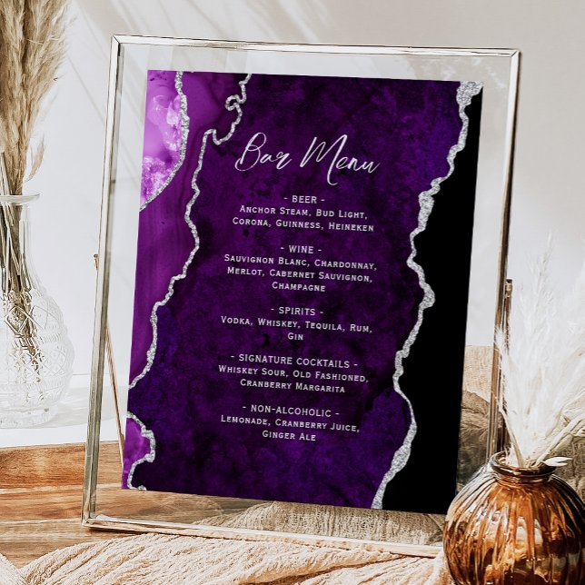 Poster Purple Silver Agate Script Wedding Bar Menu  (Criador carregado)