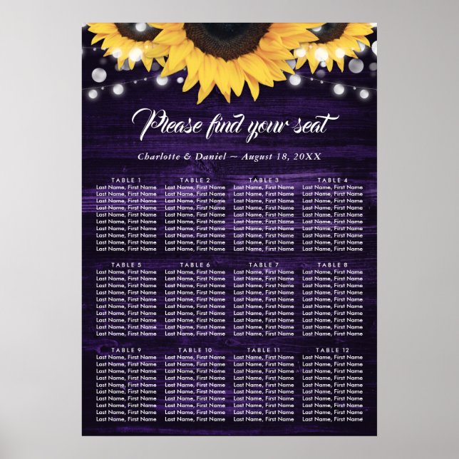 Poster Purple Sunflower Wedding Seating Chart 12 (Frente)