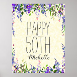 Poster Purple Watercolor Floral Yellow 50º Aniversário