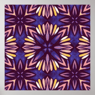 Poster Púrpura Abstrato Floral Padrão Amarelo Indigo Boho