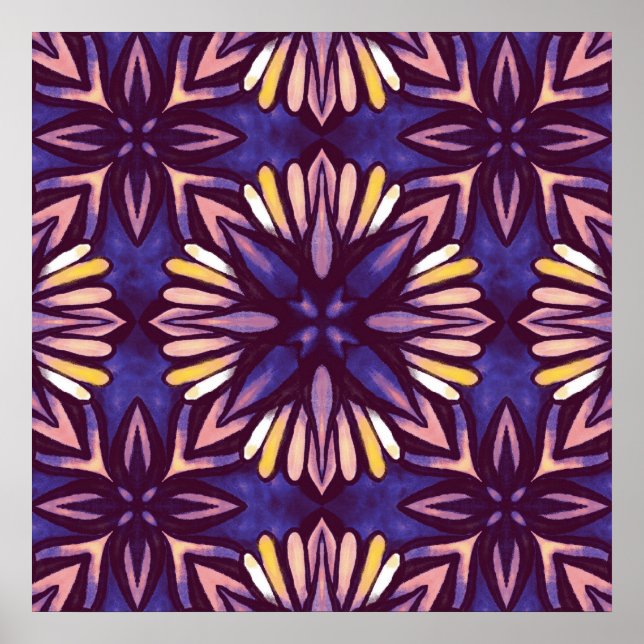 Poster Púrpura Abstrato Floral Padrão Amarelo Indigo Boho (Frente)