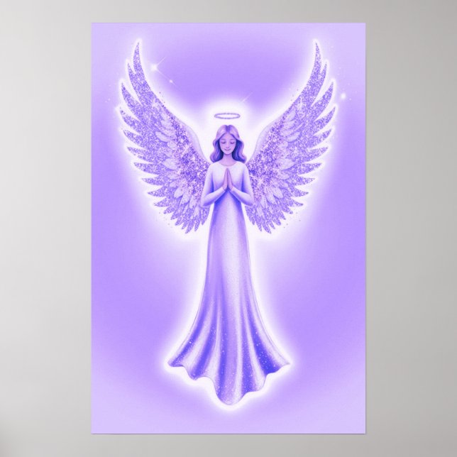 Poster Púrpura Anjo Guardião com Asas Esparsas (Frente)