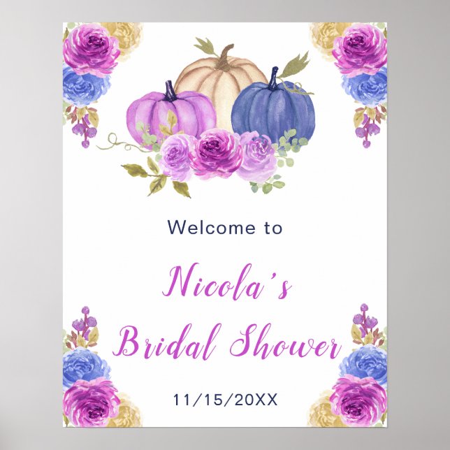 Poster Púrpura e Marinho Azul Floral Pumpkins Bridal (Frente)