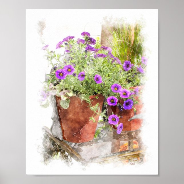 Poster Púrpura Petunia Flores Aquarela Pintura Digital (Frente)