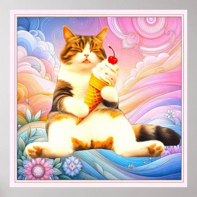 Poster Purrfectly Asleep – Cat Holding Ice Cream Cone (Frente)