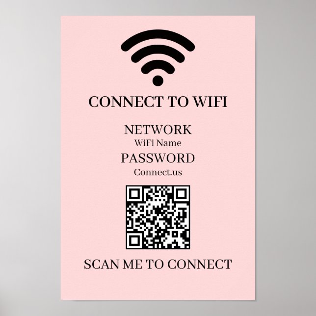 Poster QR WiFi Rosa Personalizado | Exibição Fácil de Var (Frente)