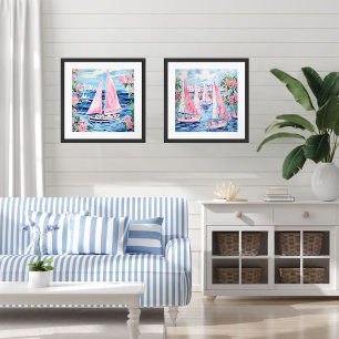 Poster Quadrado Costeiro Tropical de Barcos de Navegação 