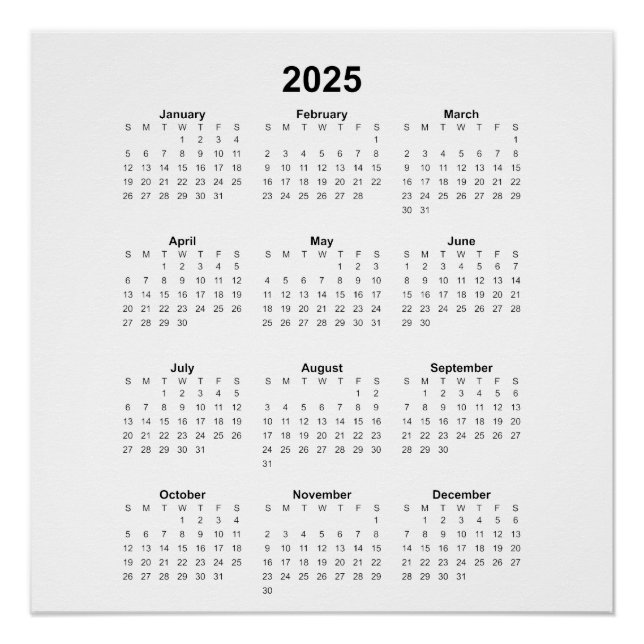 Pôster Quadrado de Calendário Mensal 2025 Todos os Objeti (Frente)