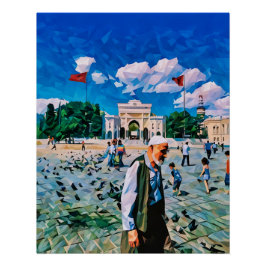 Pôster Quadrado de Cidade Vibrante com Pessoas e Sinaliza