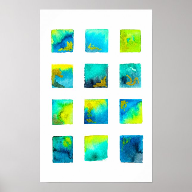 Poster Quadrados azuis aquarela abstrato (Frente)