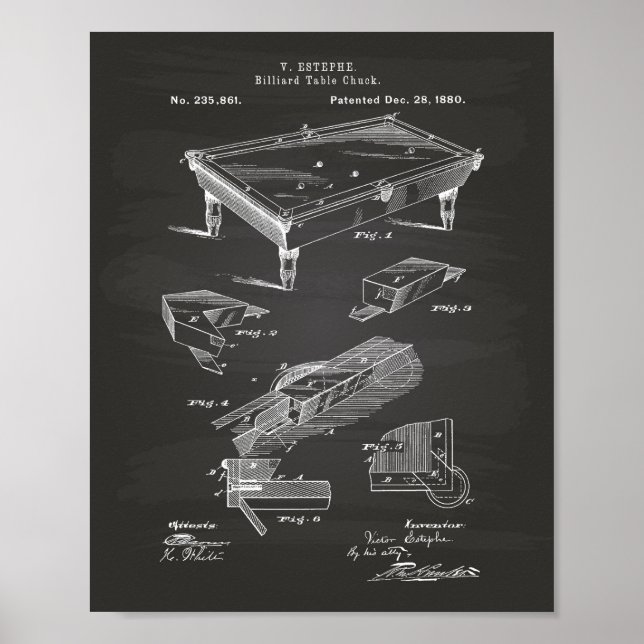 Pôster Quadro de arte de patente da Mesa Billiard 1880 (Frente)