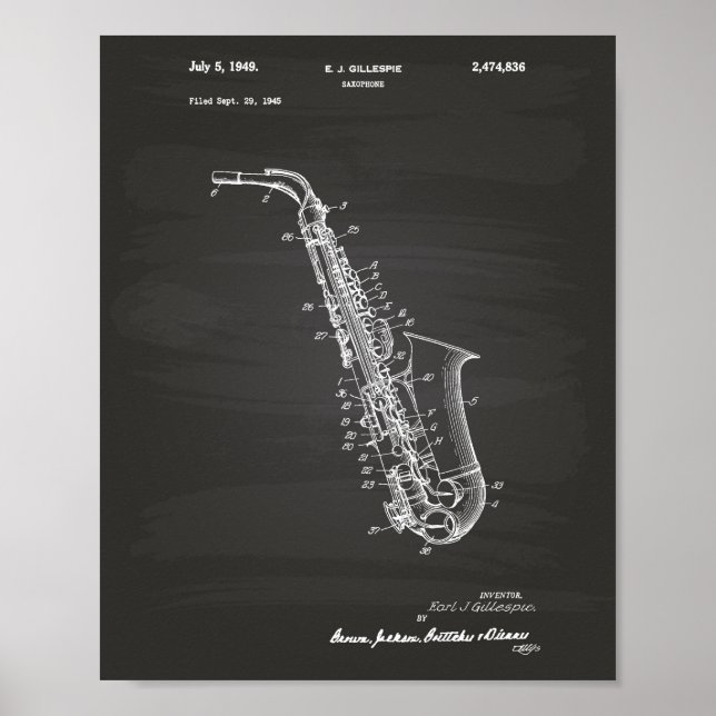 Pôster Quadro de Arte Patente da Saxofone 1949 (Frente)